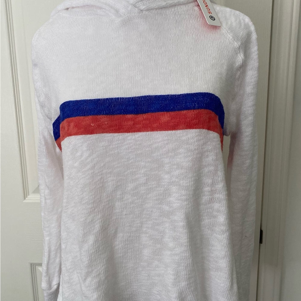 Sundry White Hooded, Striped Sweatshirt w/ Side Slits, Size XS/0